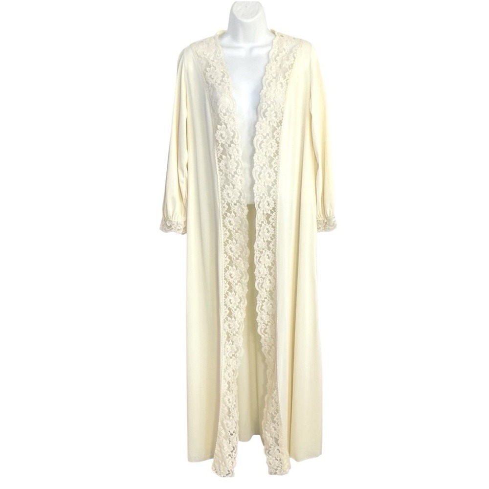 Vintage 60s Ivory Sheer Lace Peignoir Robe‎ Maxi Bridal S/M